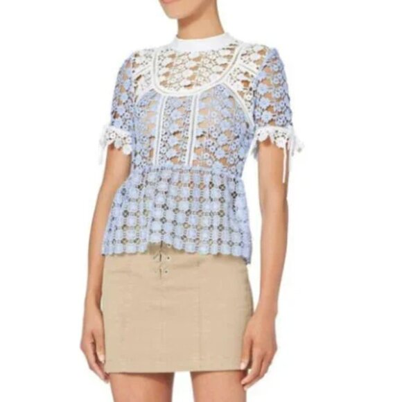 Rare SELF-PORTRAIT Petal Paneled Lace Top Blue, Size 2 - Picture 3 of 16